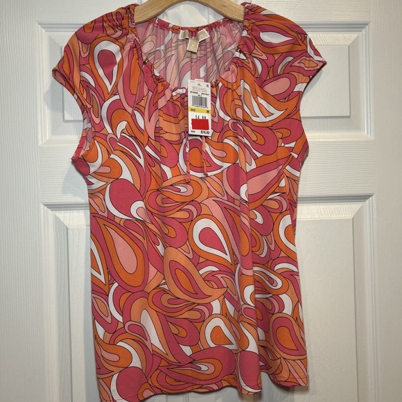 NWT Michael Michael Kors Printed Cutout Top Medium Gold Accents Multicolor Print - Picture 1 of 8